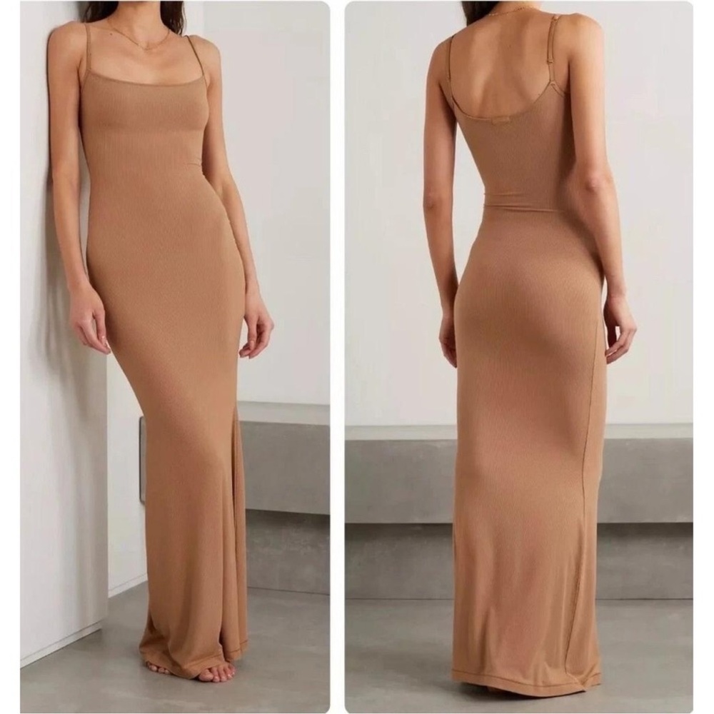 Skims Tan Stretchy Lounge Bodycon Maxi Slip Dress